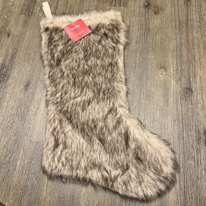 At Home Homespun Holiday Faux‎ Fur Christmas Stocking Beige Brown NWT   Holiday